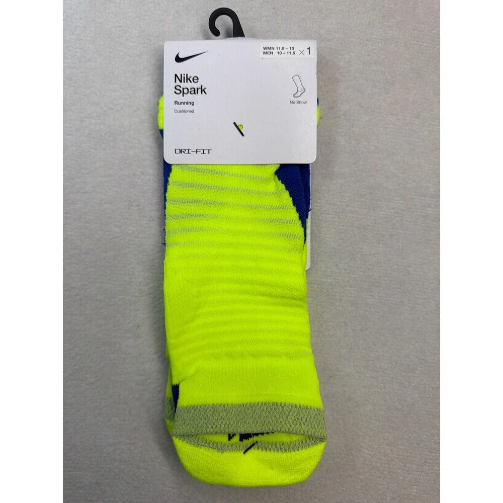 Nike Spark Running Cushioned No Show Socks Volt yellow Blue Mens 10-11.5 NWT